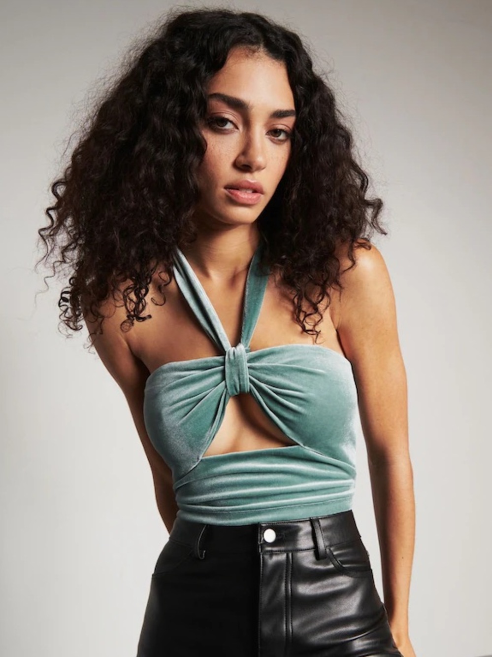 Dynamite North Atlantic Green Velvet Halter Top cut out small festive club crop